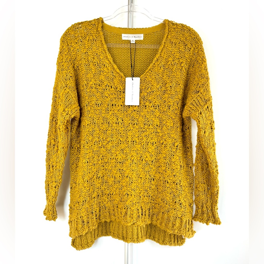 NWT Chelsea & Theodore Mustard Ochre Yellow Open Knit Pullover Sweater Size XS